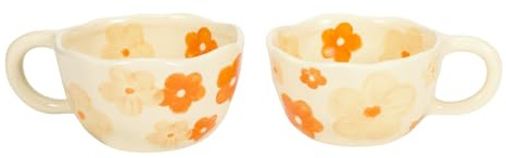 Koythin 2 tazas de café de cerámica, taza creativa de flores lindas para oficina y hogar, 250 ml, taza estética para té con leche (2 flores naranjas)