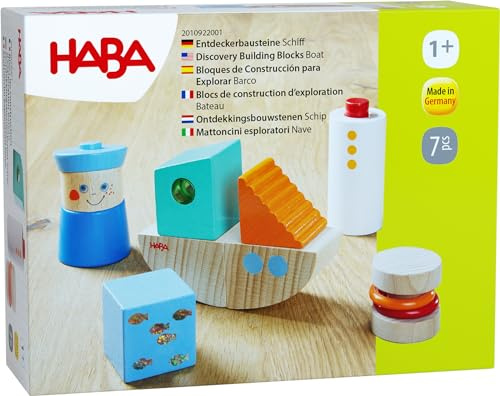 HABA Entdeckerbausteine Schiff - Marine Holzbausteine mit optischen und akustischen Effekten - Fördert Feinmotorik - Made in Germany - Für Kinder ab 1 Jahr - 2010922001