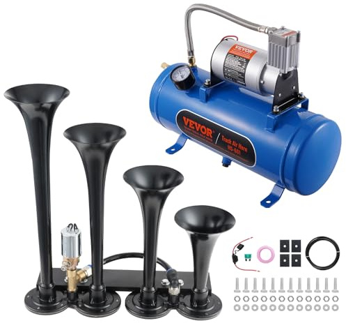 VEVOR Set di clacson da 190 W, 4 trombe, clacson da 150 dB per camion pickup, compressore d'aria da 12 V 90-120 psi, serbatoio da 6 l con manometro per ogni veicolo da 12 V, auto, camion, treno,