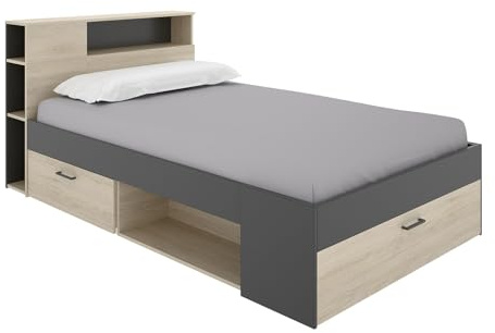 Vente-unique-Cama con cabecero, Almacenamiento y cajones - 120 x 190 cm - Color: Natural y Antracita - Leandre
