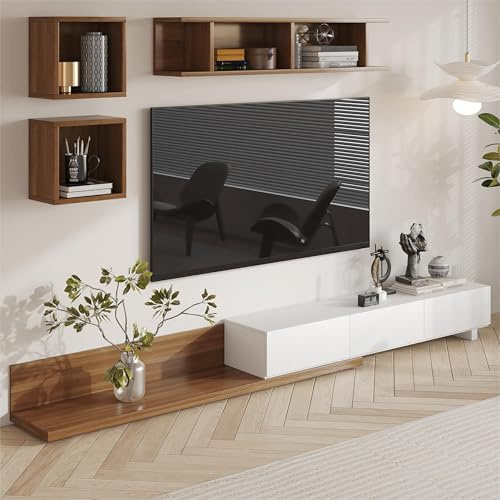 Homary Mueble TV Crator Extensible 180–280 cm, Mueble TV salón Moderno con 3 cajones Soft-Close en Blanco y Nogal, Ideal para Muebles de salón amplios y versátiles, Blanco y Nogal Claro