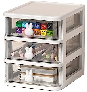 Scatola Portaoggetti da Scrivania a più Livelli Cassetti Portaoggetti in Plastica Organizzatore per Cassetti Trasparente con Maniglia a Coniglietto per Riporre (Tre strati bianchi)