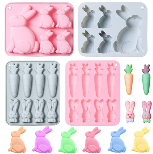 4 Stück Ostern Silikon Schokoladenformen Silikonformen, DIY 3D Osterhase Karotte Silikonform Pralinenform Backform, Silikon Ostereier Hase Seifenformen für SüßIgkeiten Gelee Eiswürfe Kekse