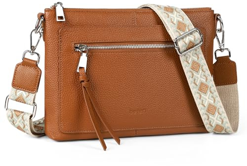 befen Echtleder Umhängetasche Damen Mittelgroß, Crossbody Bag Leder Handytasche zum Umhängen, Moderne Kleine Handtasche Damen mit Verstellbar Breitem Gurt, Braun