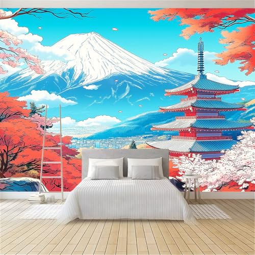 Papier Peint Intissé Style Japonais Mont Fuji Fleurs De Cerisier 350 x 256 cm Papier Peint Photo Panoramique, Poster Geant Mural Personnalisé 3D, pour Salon Cuisines Chambre Adulte Enfant Décor Murale