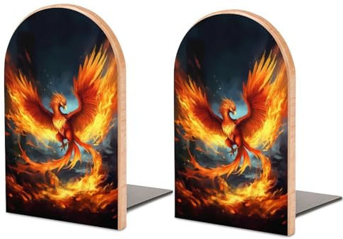 2 Stück Buchstützen aus Holz, Fliegende Buchstützen mit Feuer-Phönix-Vogel für Regale, rutschfeste Buchstützen für Büro, Zuhause und Küche, Buchstützen zum Aufbewahren von Büchern, 12,7 x 7,6 cm