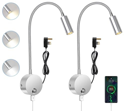 ERWEY 2Pcs Reading Lamp Wall Mounted, LED Bedside Light with Switch Touch Dimmable and USB Charging Port, Bed Reading Light 360° Swing Gooseneck Lamp with Plug and Cable for Bedroom (Silver)