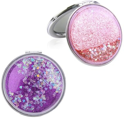 ShanBye Mini Spiegel,2 PCS Klappbare Taschenspiegel mit Glitzer Doppelseitiger Tragbarer Kompaktspiegel mit Vergrößerung Faltbarer Rundspiegel aus PU-Leder für Make-up Camping Handtasche
