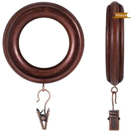 20 confezioni di anelli in legno per tende con morsetti, diametro esterno 7,6 cm, in legno di faggio naturale scolpito per fattoria, diametro interno 4,6 cm, per aste per tende da 1-1,5 cm (marrone