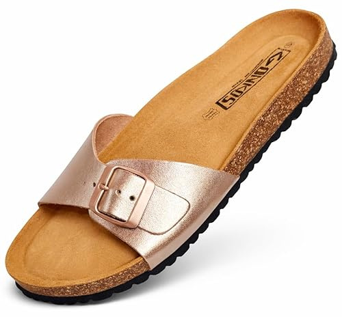 GONKOS®, Sandalias Piel Mujer Plantilla Ergonomica de Corcho, Piel Autentica Corcho Natural, Hebilla ajustable, Sandalias Pala Mujer, Sandalia de Calidad Hechas en España, color Rosa Metalico 39