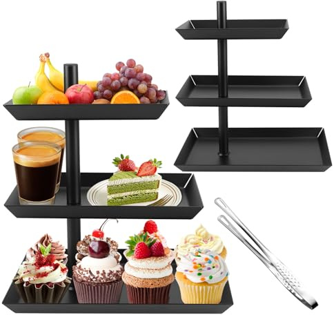 QUMENEY Alzata nera per frutta con 3 ripiani, girevole a 360°, supporto per dolci, torte, dolci, formaggio, frutta (con morsetto per il pane)