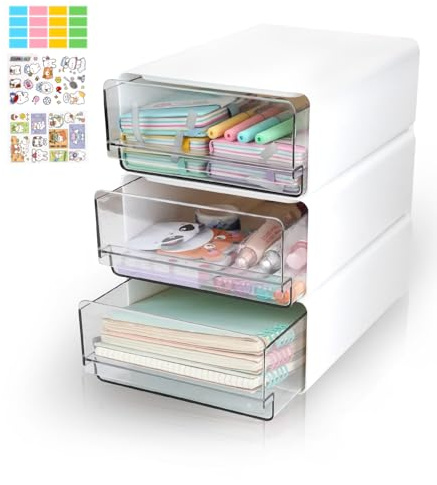 3PCS Organizer da Scrivania Impilabile con Cassetti, Contenitori in Plastica con Organizor Cassetti Compatto Scrivania con Etichette, Grande Capacità Organizer Tavolo per Ufficio Domestico Bagno (3pc)