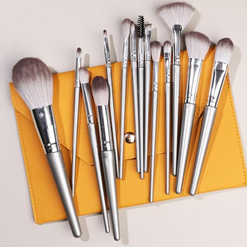 Nvzi Makeupborstset 10 st premium syntetiska foundation pulver concealers ögonskuggor rodna silverfärgade sminkborstar med orange förvaringsväska