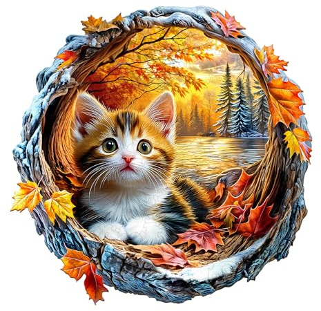 Hakumata Holzpuzzle Erwachsene Katze im Herbst - 280 Teile holzpuzzle Geschenkbox, Wanddekoration und Geschenk für Freunde und Familien (14 Jahren+)