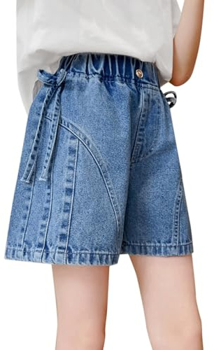 Jeans Shorts Mädchen Hoch Taillierte Denim Kurze Hose Kinder Y2K Sommerhose Elastische Taille Freizeithose Kurz Loungehose Ausgebeult Lässige Weiche Jeansshorts