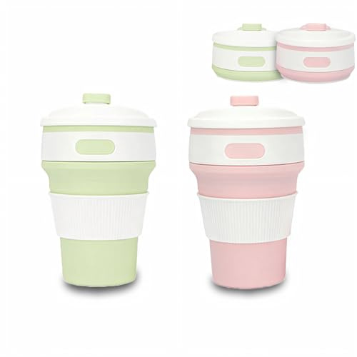 Accmuzzy 2 Pack Collapsible Cup with Lid,Camping Travel Mugs for Hot Drinks,Coffee Cup Travel,Foldable Cup for Picnic,Camping,Hiking,Office (1 Pink 1 Green)