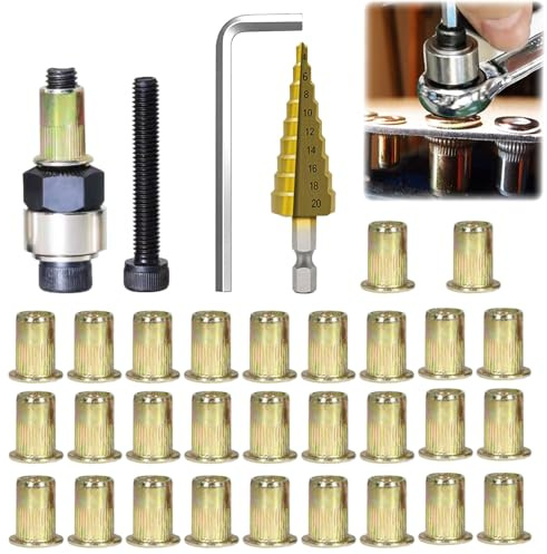 OywhC 33PCS M6 Metric Rivet Nut Tool Set (Manual Riveter) Includes Manual Rivet Nut Tool, Hex Wrench, 30 Zinc-Plated Rivet Nuts & 1 Light-Duty Step Drill Bit, Specifically Designed for Tight Spaces
