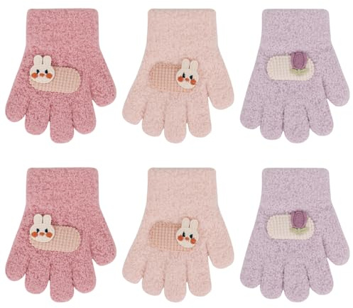 QKURT 3 Paar warme Kleinkinder-Strickhandschuhe, weiche Thermo-Magic-Handschuhe, Baby-Fäustlinge für Jungen und Mädchen, dicke, gefütterte Fleece-Fäustlinge für tägliche Wärme, Alter 1–3 Jahre