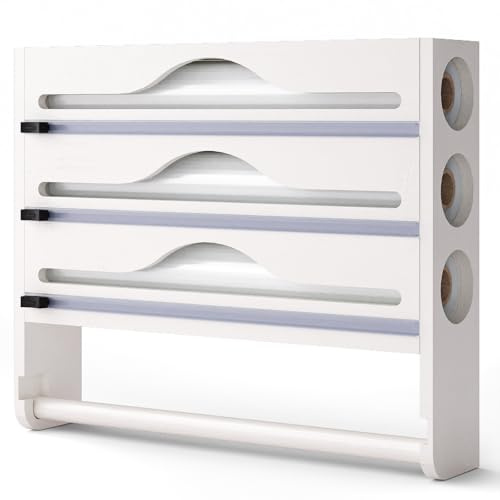 Dispenser pellicola cucina, porta pellicola e alluminio, Supporto a Parete o da Cassetto per Pellicola Trasparente, Alluminio e Carta Forno, Organizzatore Cucina Compatto