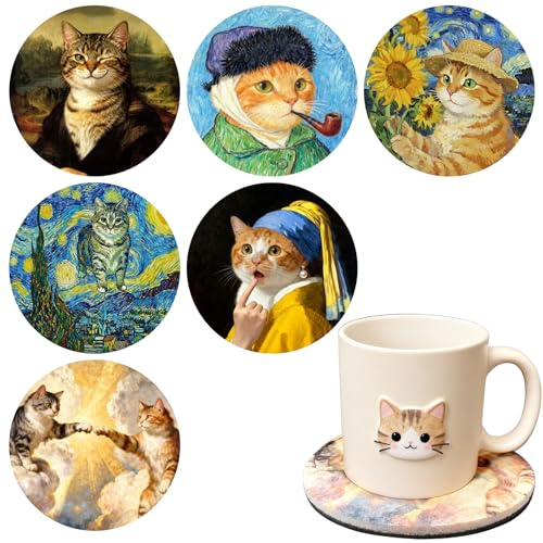 Set di 6 sottobicchieri a forma di gatto, famosi dipinti retrò, sottobicchiere per bevande Van Gogh Art sottobicchieri in ceramica, adatti per bevande, tè, caffè, decorazione per la casa e la sala da