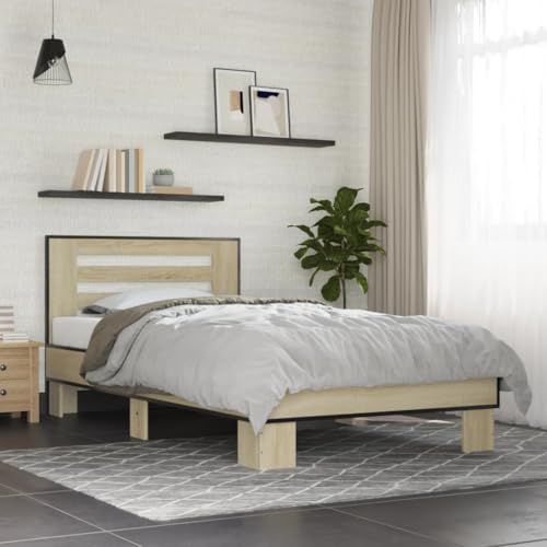 QJBSAVVA Bettgestell Sonoma Eiche 75x190 cm aus Holzwerkstoff und Metall Lattenrost 100 kg Belastbarkeit modernes Jugendbett für Schlafzimmer Gästezimmer oder Gästebett