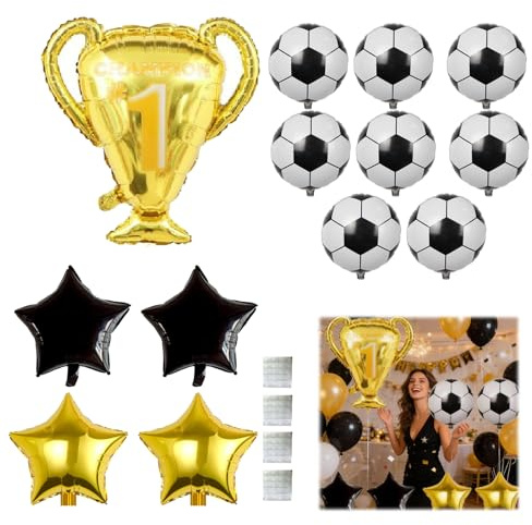 Eowppue Palloncini Calcio Compleanno Set 17 Pezzi Decorazioni Festa Bambini Adulti Tema Sportivo con 10 palloni Alluminio 18 Pollici 1 Trofeo Foil 4 Stelle Nere e Oro Ideali per pareti soffitto tavo