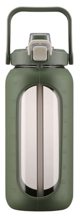BLUEGO 2L Wasserflasche mit Strohhalm und Griff, Borosilikatglas Trinkflasche mit Silikonhülle für Sport und Reisen, Auslaufsicher, BPA-frei, Olive