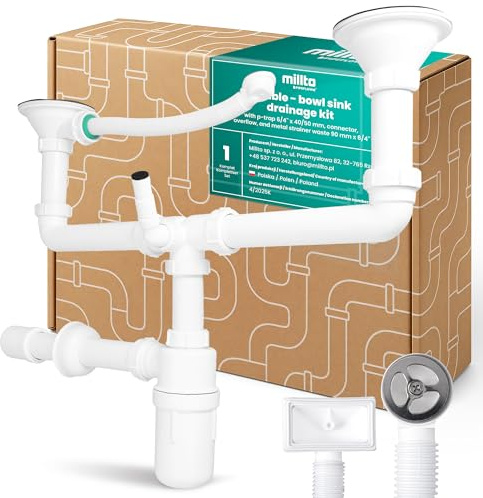 Millto Sifón Botella Para Fregadero Doble 6/4'' 40/50 mm Conjunto Desagüe Con Derivación Rebosadero Rejilla Metálica Plástico Conexión Lavavajillas Cocina Baño