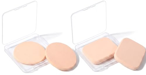 Förpackning med 4 makeup-svamp, foundationsvamp med resväska, runda och fyrkantiga sminksvampar för alla hudtyper, puderpuff för felfri användning, våt och torr dubbel applikation