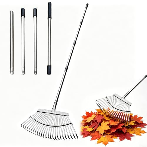 4-Teiliger Verbreiterter Laubrechen 47cm Breite, 180cm Stiel Verstellbare Metallstange und Handschuhe,Laubbesen,Fächerbesen Metall,Laubfächer,Rasenrechen für Reinigen von Pflanzen, Rasen und Hof