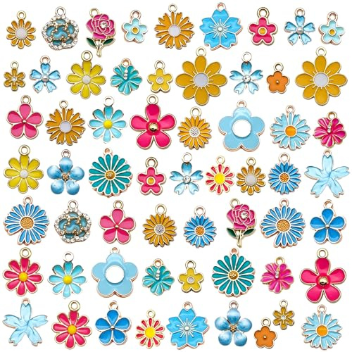InteDesign 60PCS Bracelet Charms for Jewellery Making Supplies, Enamel Paint Metal Charms for DIY Necklace Bracelet Earrings Jewellery Keyring Making Accessories (Flower)