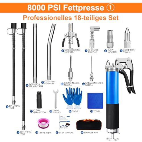 Presse à Graisse Manuelle 8000 PSI 497 g, kit de graissage avec 2 tuyaux Flexibles, raccord Rapide, raccord 4 mâchoires, Tube d’Extension et Accessoires pour Voiture, Machine et Entretien