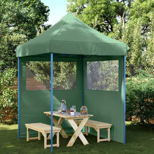 Kaloriko Tente de réception Pliable escamotable, auvent abri tonnelle chapiteau de Jardin Vert 200 x 200 x 306 cm, Toile Acier avec 2 parois latérales et fenêtres pour terrasse Patio Balcon