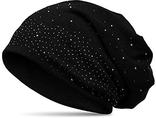 Caspar MU137 Beanie Mütze mit Strass und warmem Flanell Stoff, Größe:One Size, Farbe:schwarz (uni)