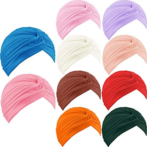 Geyoga 10 Pcs Head Wraps Turbans for Women Stretchy Chemo Cancer Headwears Twisted Pleated African Hat Cover, Multicolor(Multiple Colors)