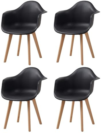 GrandCA HOME Lot de 4 Chaises de Salle à Manger Fauteuils avec Pieds en Bois, Siège en Polypropylène Premuim, Chaises de Cuisine avec Accoudoir pour Salon, Salon Bureau (4, Noir)