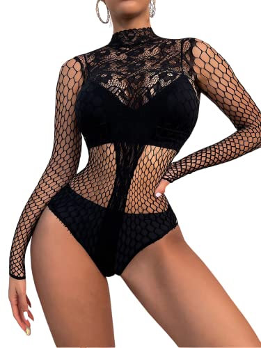 Sniff Rose Women's Lace Lingerie Cut Out Leotards Mesh Teddy Sleeve Chemise Sheer Floral Fishnet Splice Nightwear Hight Neck Bodysuit (Black)