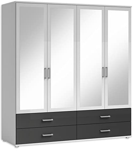 Stella Trading Ivar Kleiderschrank mit Spiegeln und Schubladen - Vielseitiger Drehtürenschrank 4-türig in Weiß, Graphit - 180 x 190 x 51 cm (B/H/T)