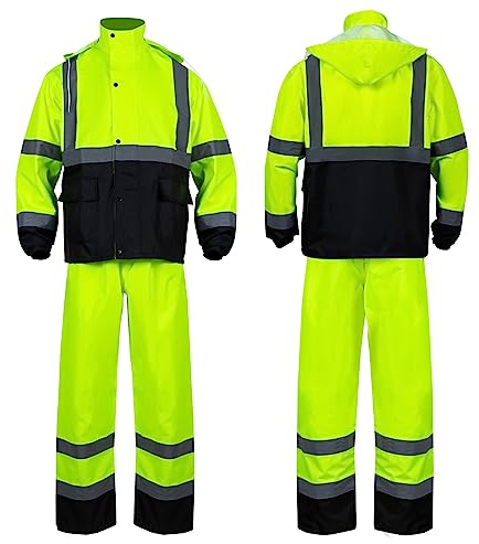 FONIRRA Class 3 High Visibility Rain Suit With Detachable Hood Waterproof Lime Reflective Safety Worker Jacket & Pants (S/M Yellow)