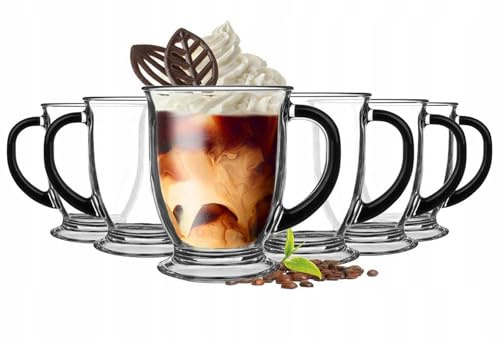 Glasmark KROSNO 1992 Kubas Kaffeegläser-Set 6-teilig mit Schwarzem Griff Cappuccino Eiskaffee Gläser Becher Spülmaschinenfest 6x400 ml, Schwarz