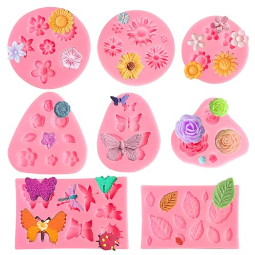 TAIXING 8 Piezas Moldes Silicona Manualidades Mini Moldes de Flores Reposteria Reutilizable Moldes de Silicona para Manualidades para Chocolate Fondant Gelatina Azúcar Jabón Decoración Color Rosa