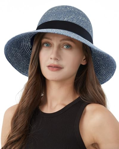 Zylioo S/M/L/XL/XXL stråhatt solhatt dam för stort huvud, halm strandmössa med brett brätte, UV-skydd sommarhatt, Bred brätte-mix blå, M