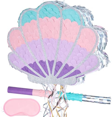 WERNNSAI Shellfish Pinata - Geburtstags Muschel Piñata Mädchen Kinder Pinata mit Quaste Kordelzug Stock Augenmaske Lila Geburtstagsparty Poolparty Meerjungfrau Dekoration Zubehör | Muschel Piñata mit Stock Augenmaske Quaste, Meerjungfrau Party Deko, Hängende Piñata, Sommer Zubehör