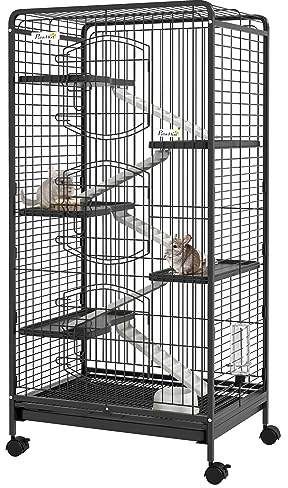 PawHut Gabbia per Piccoli Animali e Piccoli Roditori con Ruote, Gabbietta per Conigli e Cincillà con 5 Rampe e 5 Piattaforme, Ciotola e Bottiglia, 61.5x44x131 cm, Nero