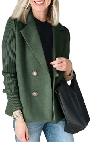 FUPODD Jacke Damen Winter Kurz Elegant Blazer Tweed Übergangsjacke Business Herbstjacke Patchwork Strickjacke Zweireihig Mantel Sakko Wollmantel Frauen Anzug Damenjacke Trenchcoat Revers Damenmantel
