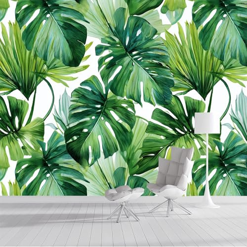 DLERFLOVR Papier Peint Panoramique Aquarelle Monstera 200x140cm - XXL Tableaux Muraux Feuilles Tropicales Revêtement Mural Décoration Murale pour Chambre Salle de Bain Couloir, Vert