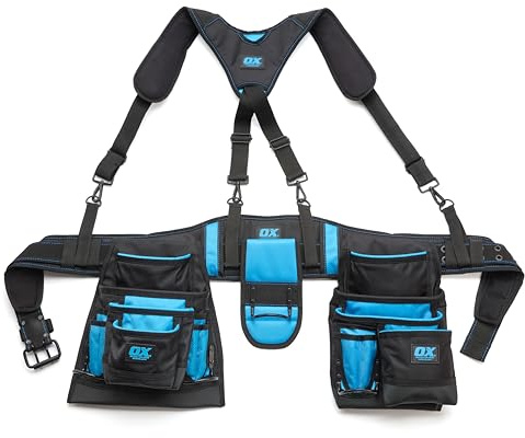 OX Pro Nylon Framing Tool Belt with Suspenders - 1680D Ballistic Nylon Tool Rig with 17 Pockets and Back Support
