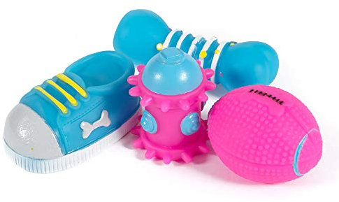 Ancol Small Bite Puppy Vinyl Toy Selection 4 Assorted Squeaky Toys for Small Dogs and Puppies - 8cm Length - Pack of 4