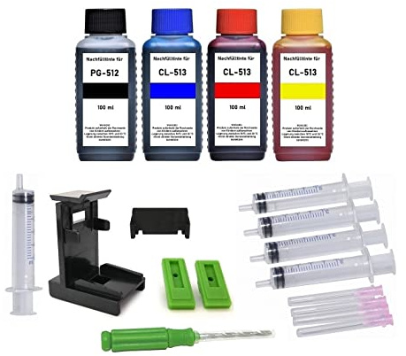Tintenpatronen Nachfüllset Kompatibel mit Canon PG-510, PG-512, CL-511, CL-513 Druckerpatronen - 400 ml Refill-Tinten Black, Cyan, Magenta, Yellow, Adapter, Handbohrer, Befüll-Anleitung, Zubehör