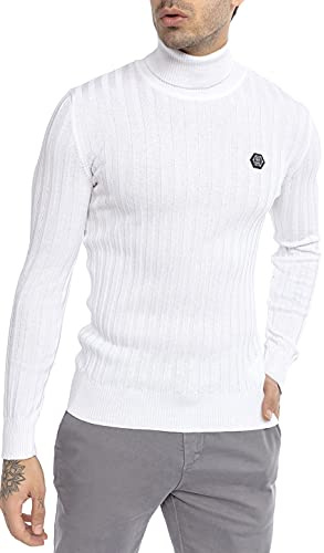 RED BRIDGE Maglione a Collo Alto da Uomo Maglia in Cotone a Costine Bianco S